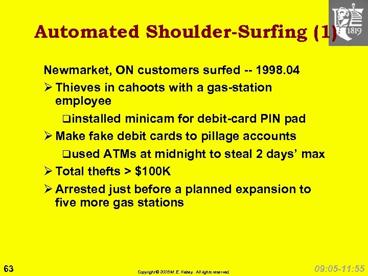 Automated Shoulder-Surfing (1) Newmarket, ON customers surfed -- 1998. 04 Ø Thieves in cahoots