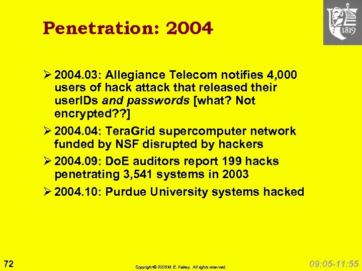 Penetration: 2004 Ø 2004. 03: Allegiance Telecom notifies 4, 000 users of hack attack