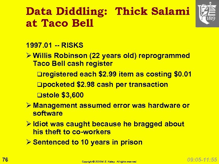 Data Diddling: Thick Salami at Taco Bell 1997. 01 -- RISKS Ø Willis Robinson