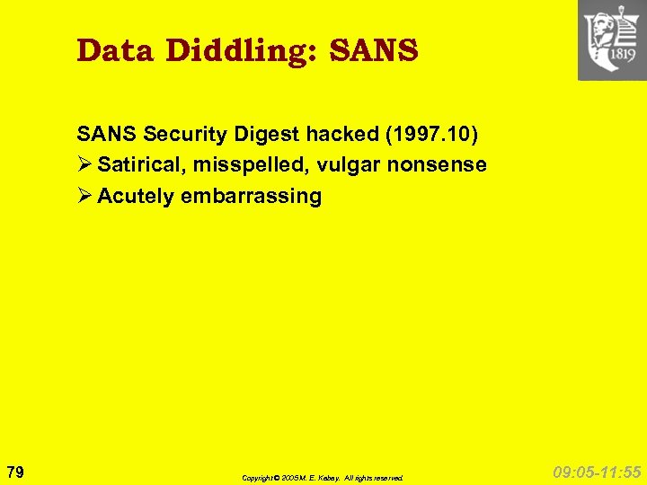 Data Diddling: SANS Security Digest hacked (1997. 10) Ø Satirical, misspelled, vulgar nonsense Ø