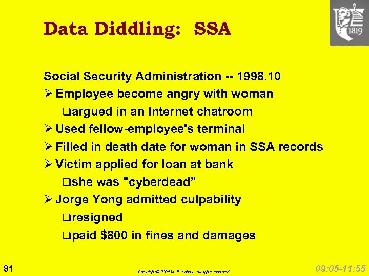 Data Diddling: SSA Social Security Administration -- 1998. 10 Ø Employee become angry with