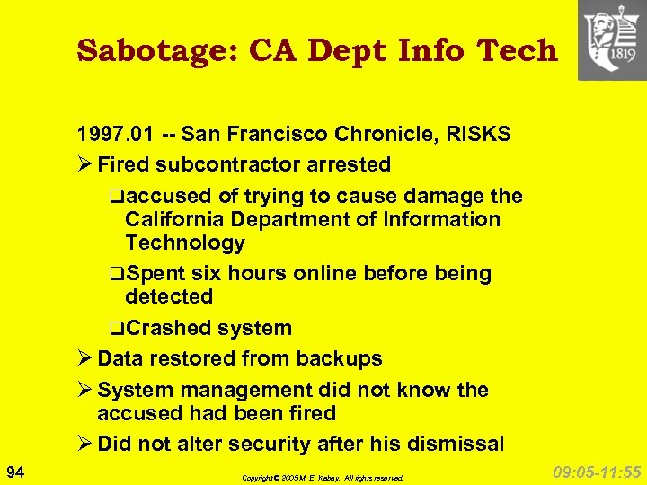 Sabotage: CA Dept Info Tech 1997. 01 -- San Francisco Chronicle, RISKS Ø Fired