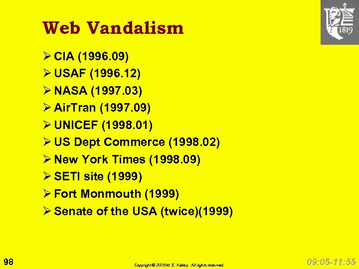 Web Vandalism Ø CIA (1996. 09) Ø USAF (1996. 12) Ø NASA (1997. 03)