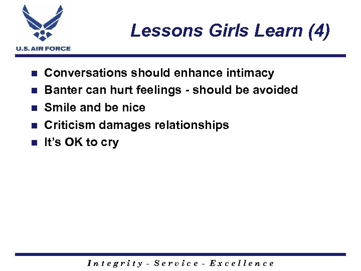 Lessons Girls Learn (4) n n n Conversations should enhance intimacy Banter can hurt