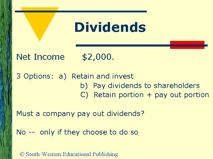 Dividends Net Income $2, 000. 3 Options: a) Retain and invest b) Pay dividends
