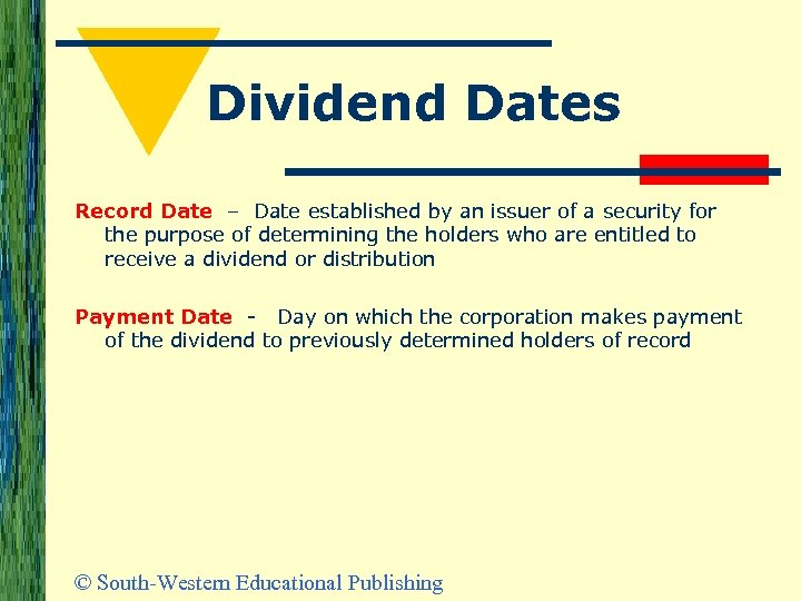 Dividend Dates Record Date – Date established by an issuer of a security for