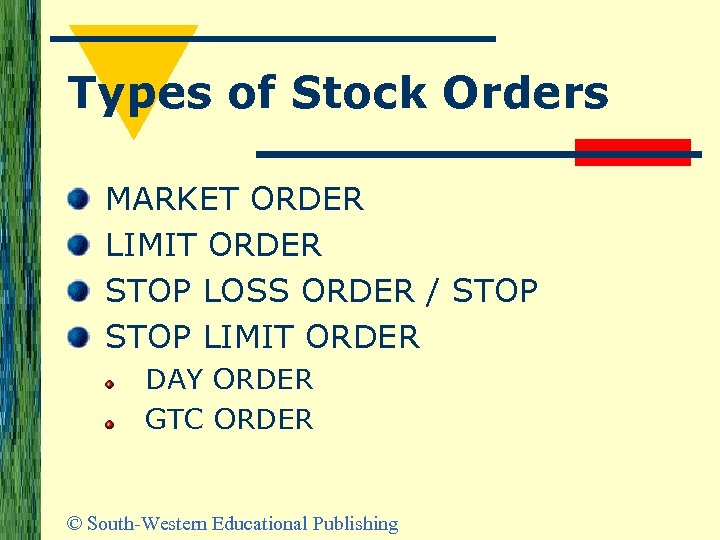 Types of Stock Orders MARKET ORDER LIMIT ORDER STOP LOSS ORDER / STOP LIMIT