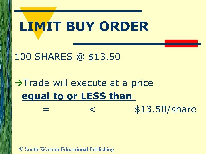 LIMIT BUY ORDER 100 SHARES @ $13. 50 Trade will execute at a price