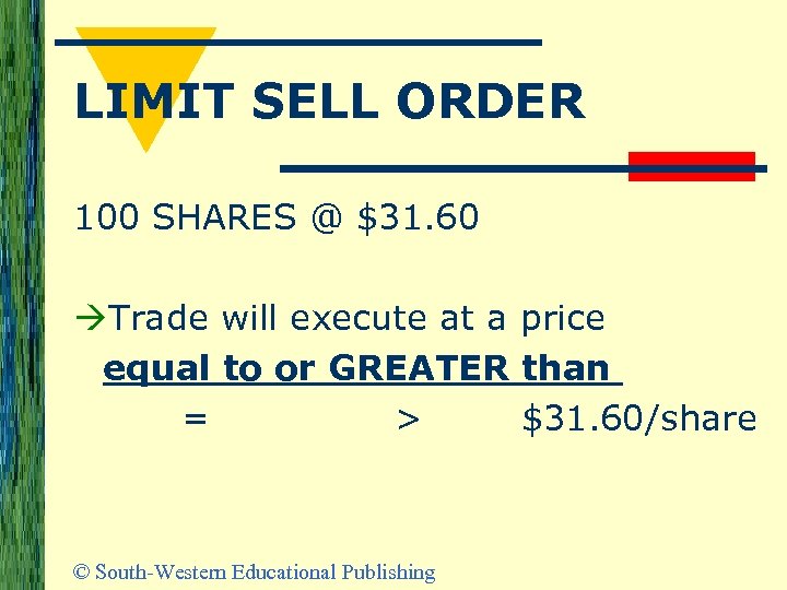 LIMIT SELL ORDER 100 SHARES @ $31. 60 Trade will execute at a price