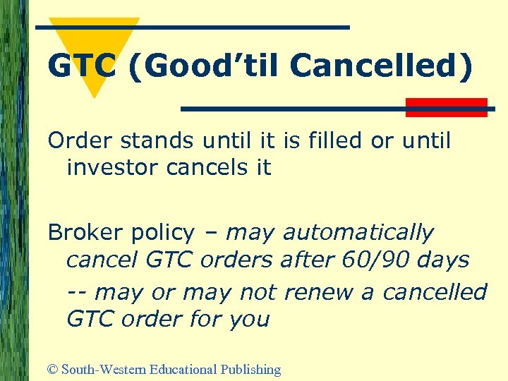 GTC (Good’til Cancelled) Order stands until it is filled or until investor cancels it
