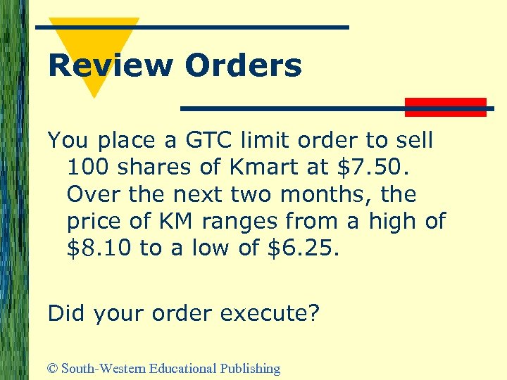 Review Orders You place a GTC limit order to sell 100 shares of Kmart