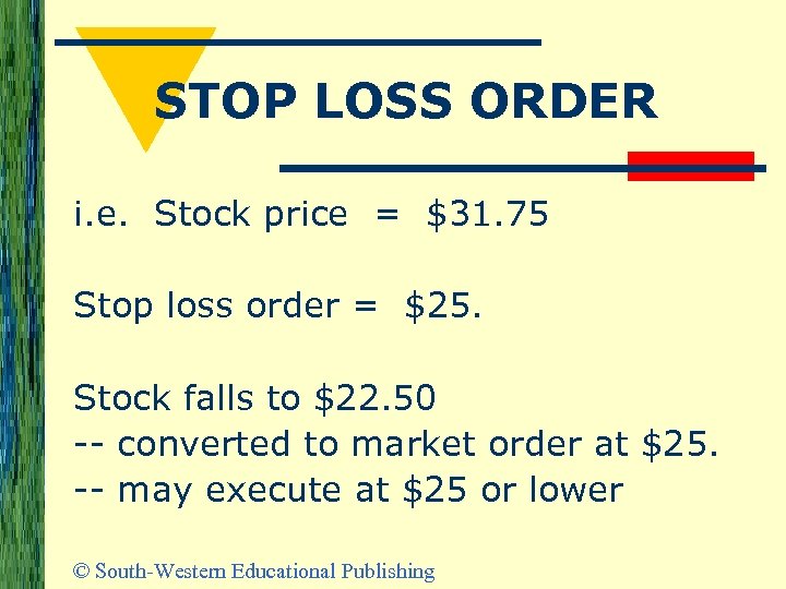 STOP LOSS ORDER i. e. Stock price = $31. 75 Stop loss order =
