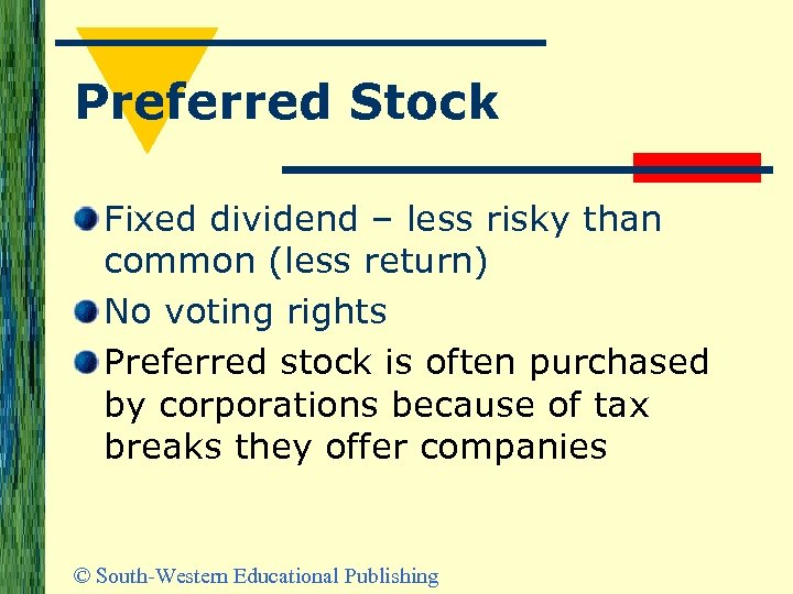 Preferred Stock Fixed dividend – less risky than common (less return) No voting rights