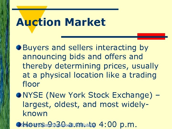 Auction Market Buyers and sellers interacting by announcing bids and offers and thereby determining