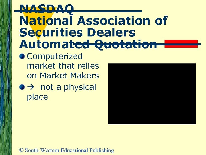 NASDAQ National Association of Securities Dealers Automated Quotation Computerized market that relies on Market