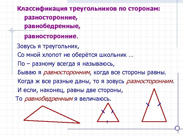 Классификация треугольников по сторонам: разносторонние, равнобедренные, равносторонние. Зовусь я треугольник, Со мной хлопот не