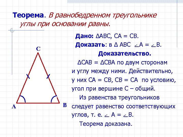 Теорема. В равнобедренном треугольнике углы при основании равны. C A Дано: ∆ABC, CA =
