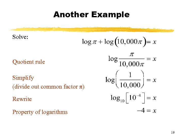 Another Example Solve: Quotient rule Simplify (divide out common factor π) Rewrite Property of