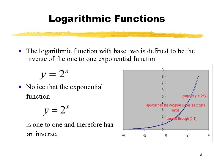 Logarithmic Functions § The logarithmic function with base two is defined to be the