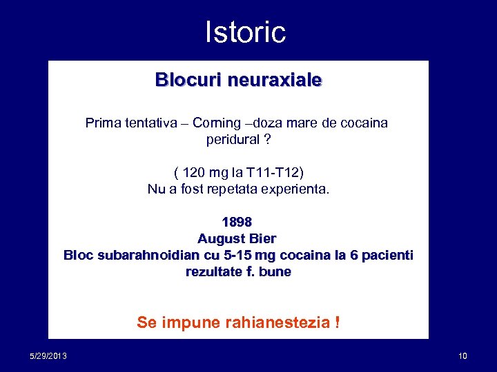 Istoric Blocuri neuraxiale Prima tentativa – Corning –doza mare de cocaina peridural ? (