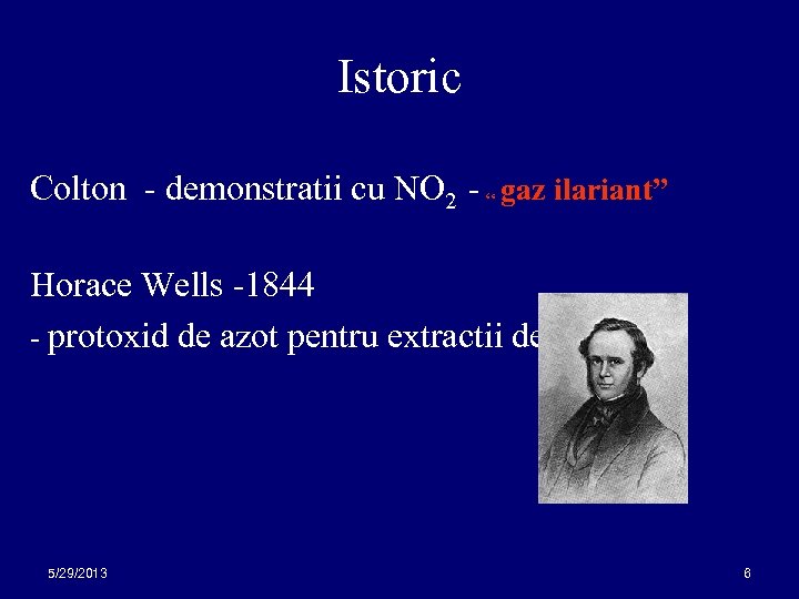 Istoric Colton - demonstratii cu NO 2 - “ gaz ilariant” Horace Wells -1844