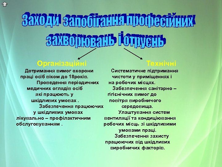 Організаційні Технічні Дотримання вимог охорони Систематичне підтримання праці осіб віком до 18 років. чистоти