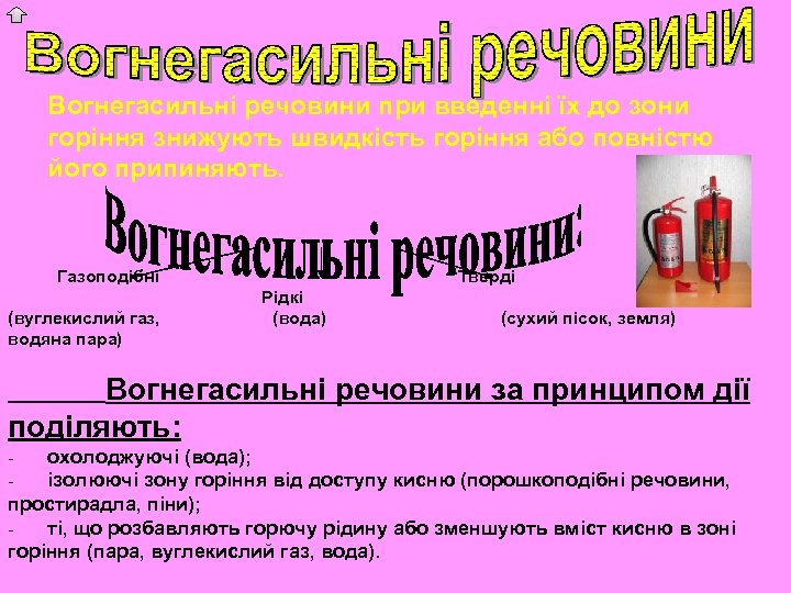 Вогнегасильні речовини при введенні їх до зони горіння знижують швидкість горіння або повністю його