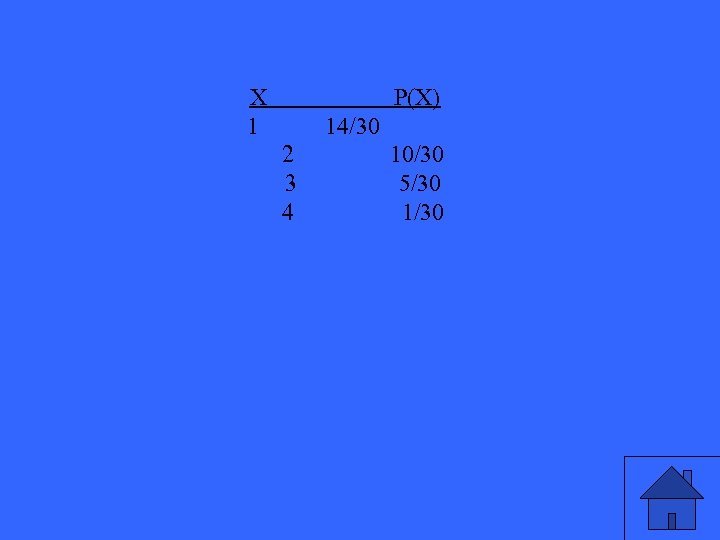 X 1 P(X) 14/30 2 3 4 10/30 5/30 11 
