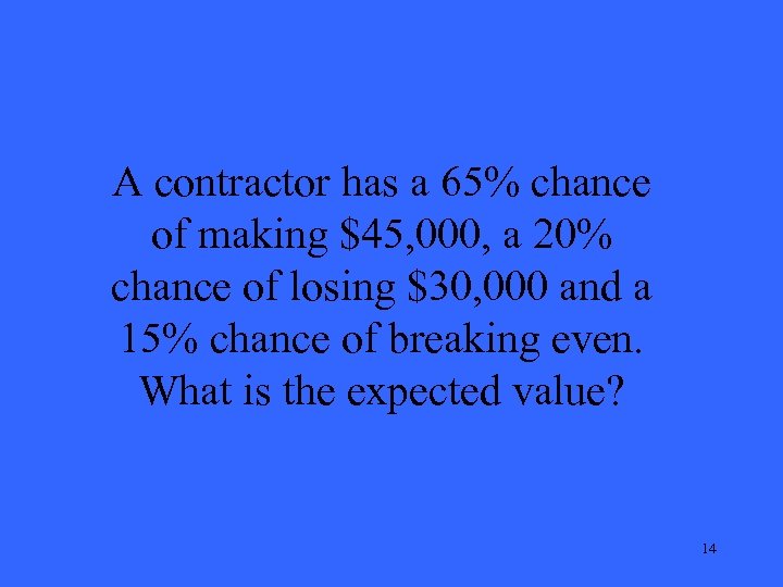 A contractor has a 65% chance of making $45, 000, a 20% chance of