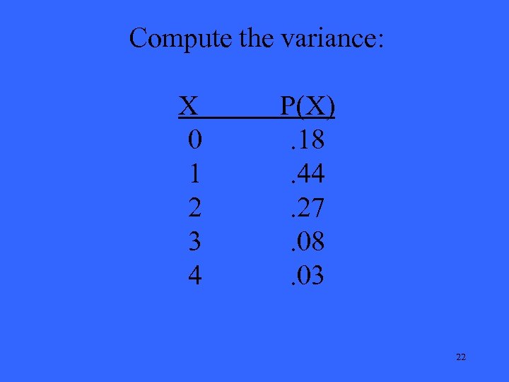 Compute the variance: X 0 1 2 3 4 P(X). 18. 44. 27. 08.