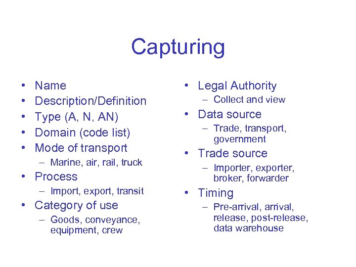 Capturing • • • Name Description/Definition Type (A, N, AN) Domain (code list) Mode