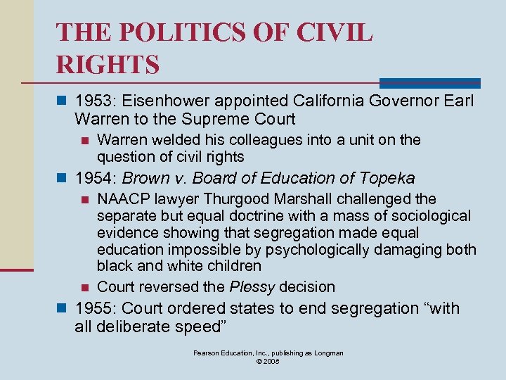 THE POLITICS OF CIVIL RIGHTS n 1953: Eisenhower appointed California Governor Earl Warren to