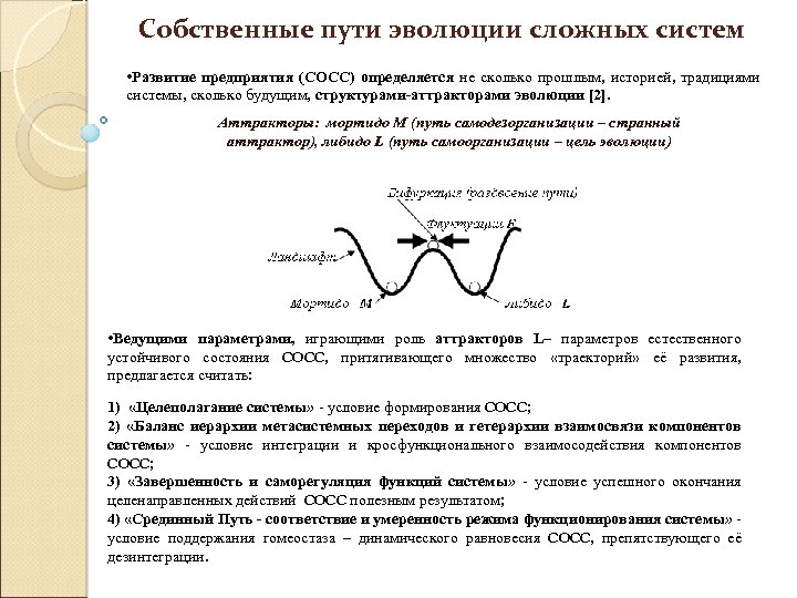 Собственные пути эволюции сложных систем • Развитие предприятия (СОСС) определяется не сколько прошлым, историей,