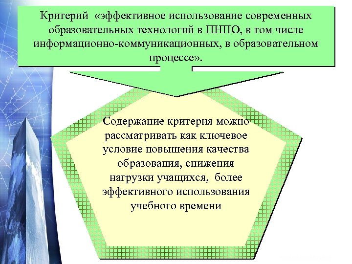 Критерий «эффективное использование современных образовательных технологий в ПНПО, в том числе информационно-коммуникационных, в образовательном