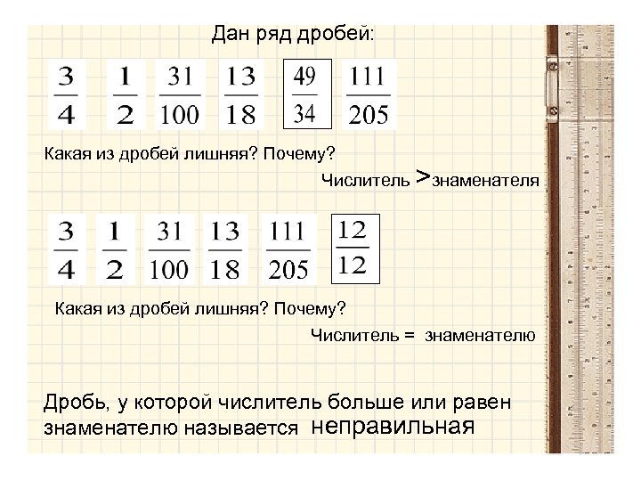 Дан ряд дробей: Какая из дробей лишняя? Почему? Числитель >знаменателя Какая из дробей лишняя?
