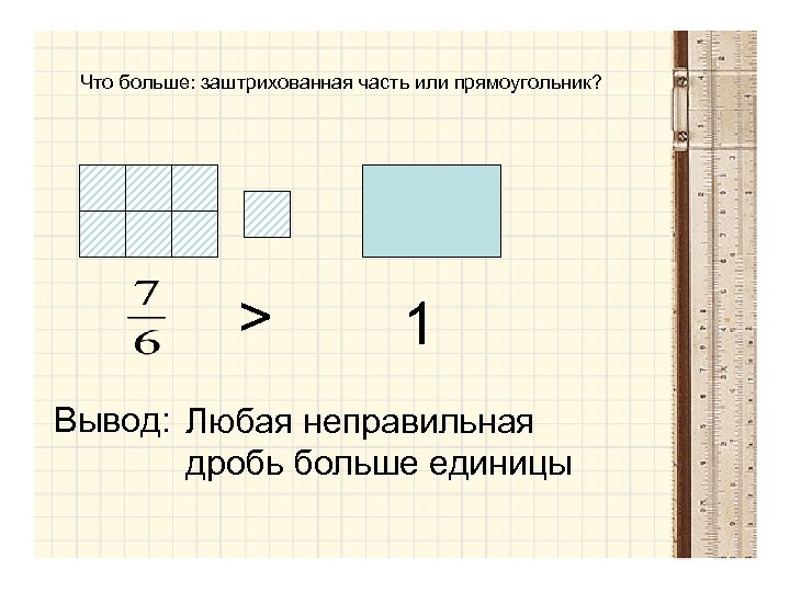 Что больше: заштрихованная часть или прямоугольник? > 1 Вывод: Любая неправильная дробь больше единицы