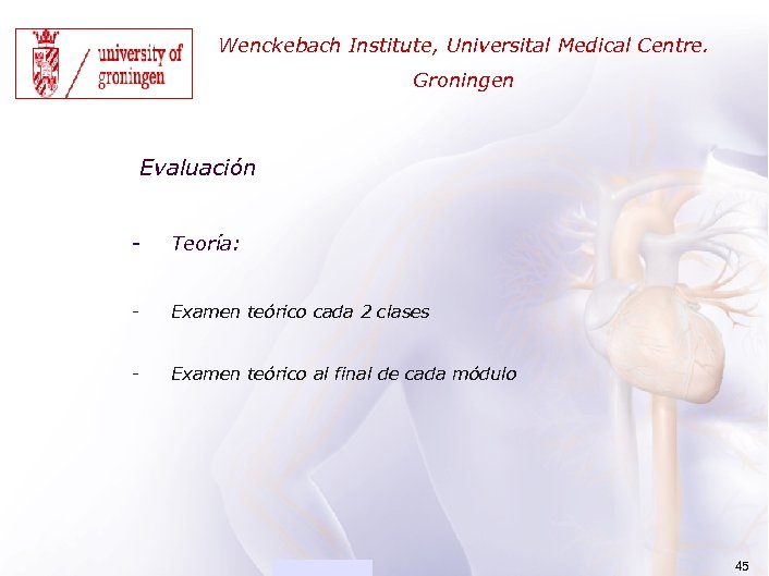 ACADEMIA Wenckebach Institute, Universital Medical Centre. Groningen Evaluación - Teoría: - Examen teórico cada