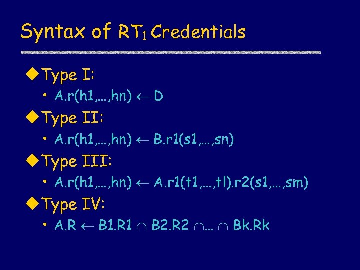 Syntax of RT 1 Credentials u. Type I: • A. r(h 1, …, hn)