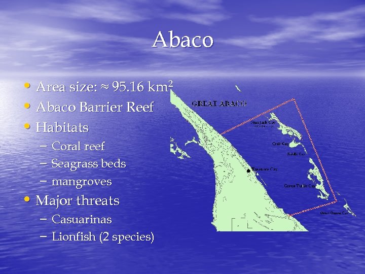 Abaco • Area size: ≈ 95. 16 km 2 • Abaco Barrier Reef •