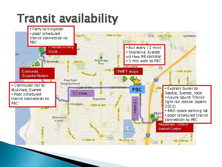 Transit availability • Ferry to Kingston • poor scheduled transit connection to PBC •