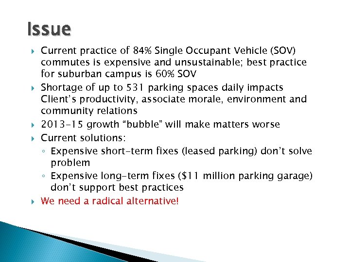 Issue Current practice of 84% Single Occupant Vehicle (SOV) commutes is expensive and unsustainable;