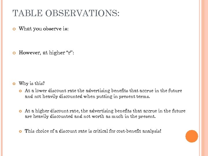 TABLE OBSERVATIONS: What you observe is: However, at higher “r”: Why is this? At