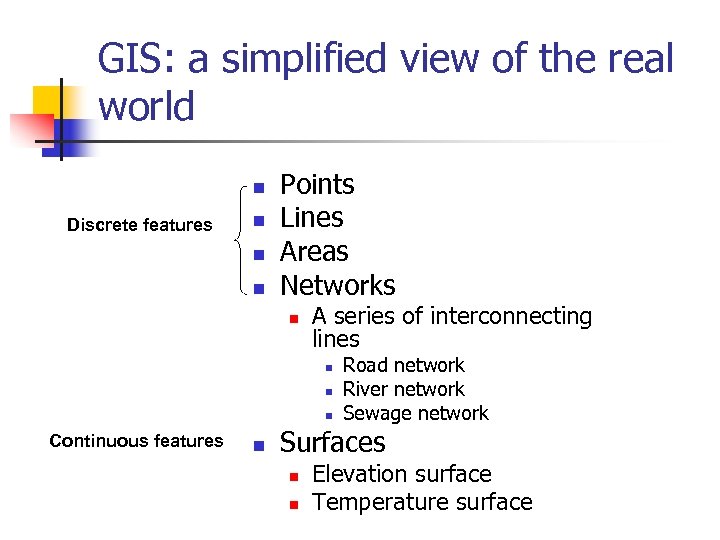 GIS: a simplified view of the real world n Discrete features n n n