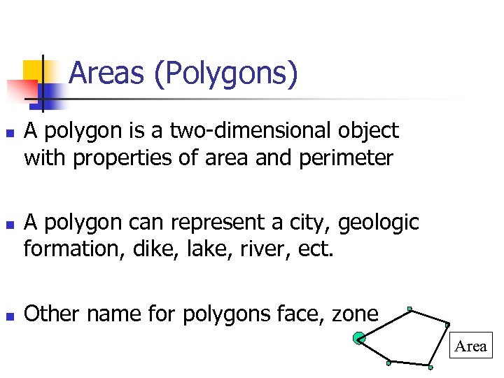 Areas (Polygons) n n n A polygon is a two-dimensional object with properties of