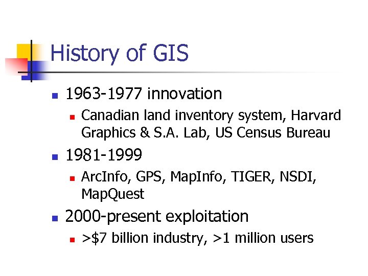 History of GIS n 1963 -1977 innovation n n 1981 -1999 n n Canadian