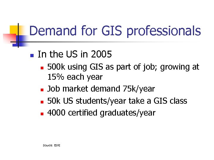 Demand for GIS professionals n In the US in 2005 n n 500 k