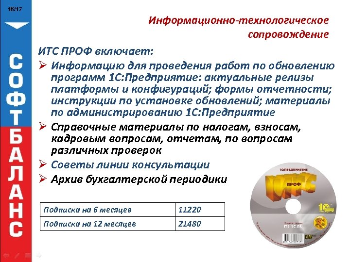 16/17 Информационно-технологическое сопровождение ИТС ПРОФ включает: Ø Информацию для проведения работ по обновлению программ