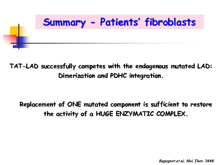 Summary - Patients’ fibroblasts TAT-LAD successfully competes with the endogenous mutated LAD: Dimerization and