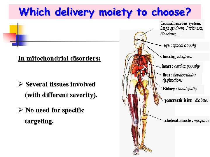 Which delivery moiety to choose? In mitochondrial disorders: Ø Several tissues involved (with different