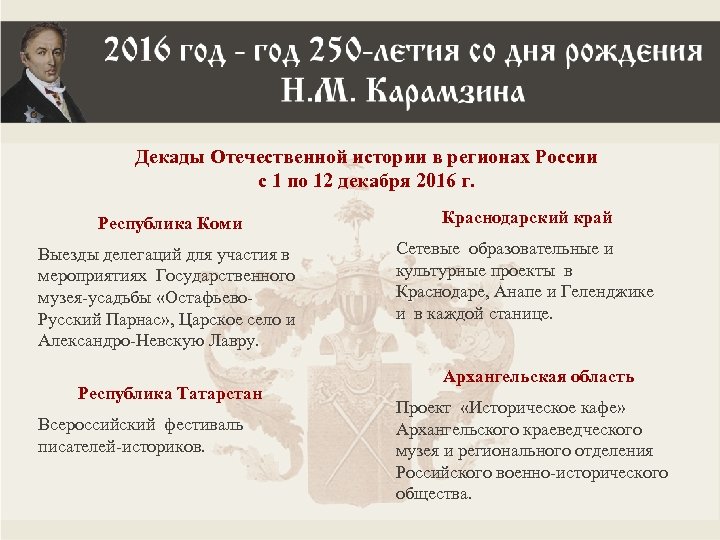 Декады Отечественной истории в регионах России с 1 по 12 декабря 2016 г. Республика